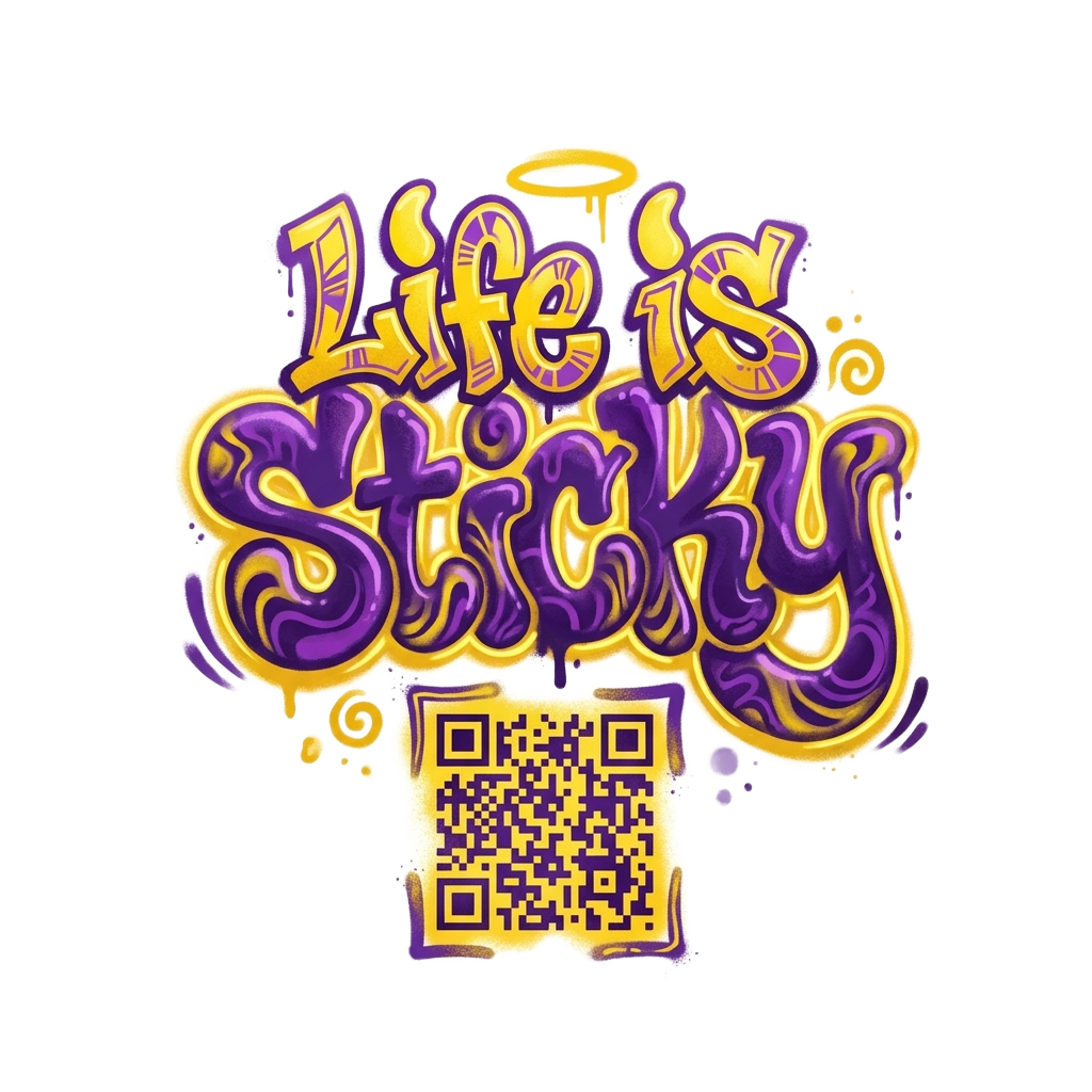 "life is sticky" where "life is" on the first line and "sticky" is under all close together, graffiti style, vivid colors, yellow and purple as the primary colors, with a QR code for https://www.stickyalchemy.com/ underneath the words