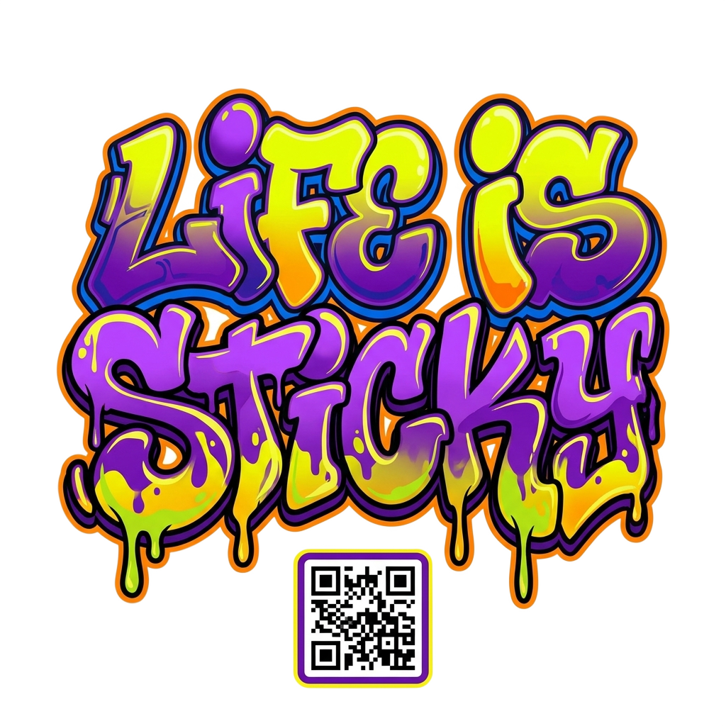 "life is sticky" where "life is" on the first line and "sticky" is under all close together, graffiti style, vivid colors, yellow and purple as the primary colors, with a scannable QR code for https://www.stickyalchemy.com/ underneath the words