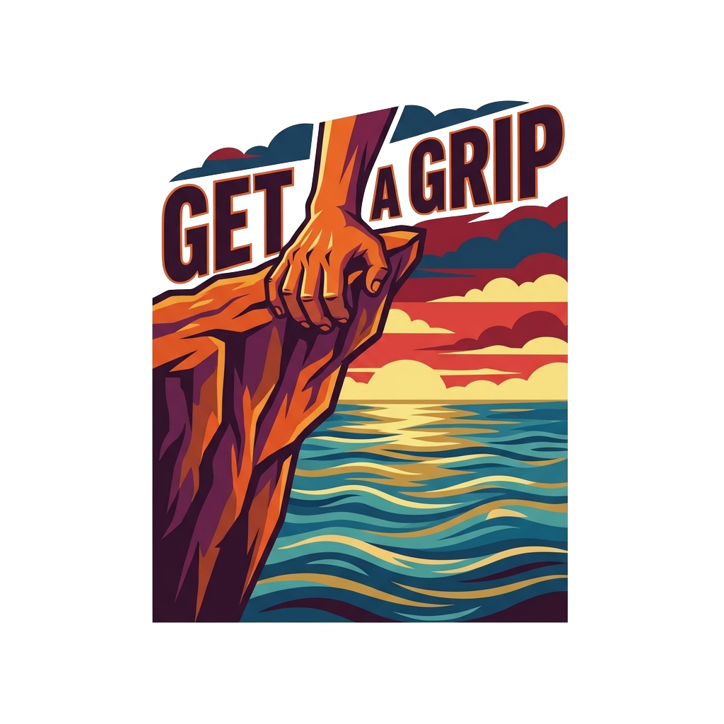"Get a grip", we see a hand grabbing hold of the top of a cliffside with the camera place on top of the cliff overlooking a beautiful ocean sunset