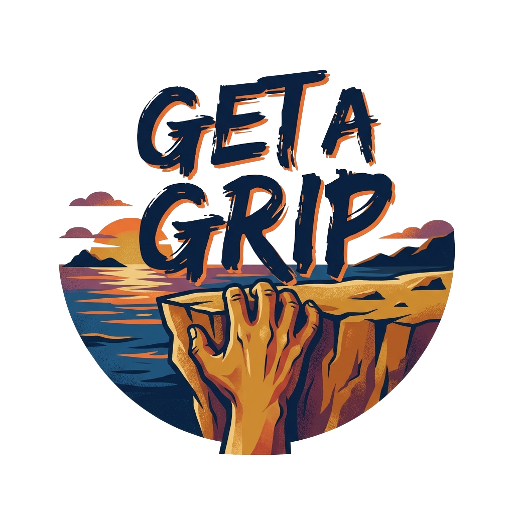 "Get a grip", on top of the cliff overlooking a beautiful ocean sunset we see a hand reaching from over the side grabbing hold of the top of the cliffside