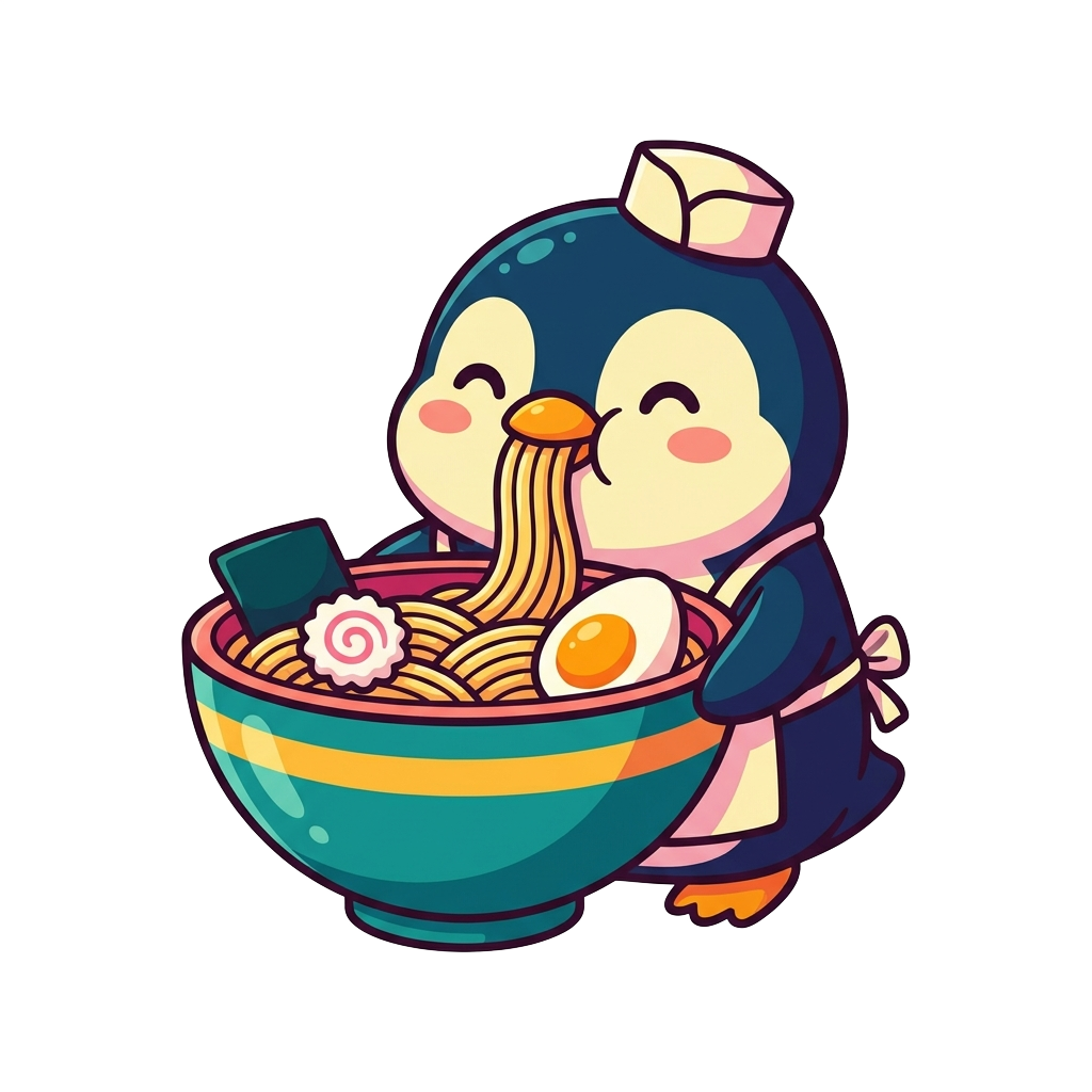 A penguin chef eating ramen, kawaii style