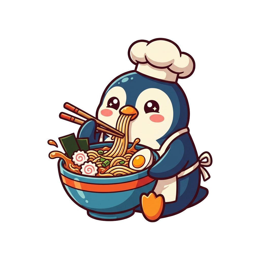 A penguin chef eating ramen, kawaii style