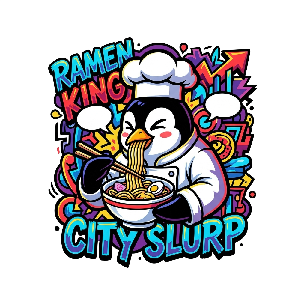 A penguin chef eating ramen, urban pop style