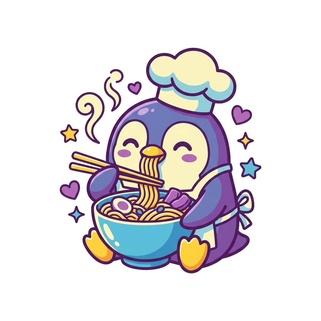 A penguin chef eating ramen, kawaii style, purple yellow and blue color palette