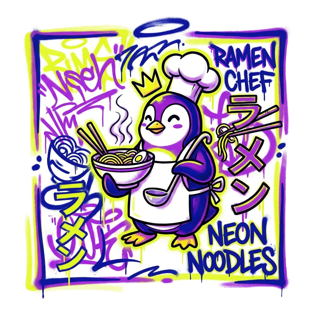 A penguin chef cooking ramen, urban pop style, character led grafitti, neon yellow purple and blue color pallete