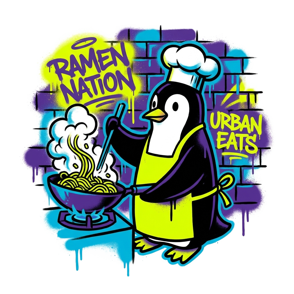 A penguin chef cooking ramen in an urban kitchen. The art is urban pop, character led graffiti with a neon yellow, purple and, blue color palette