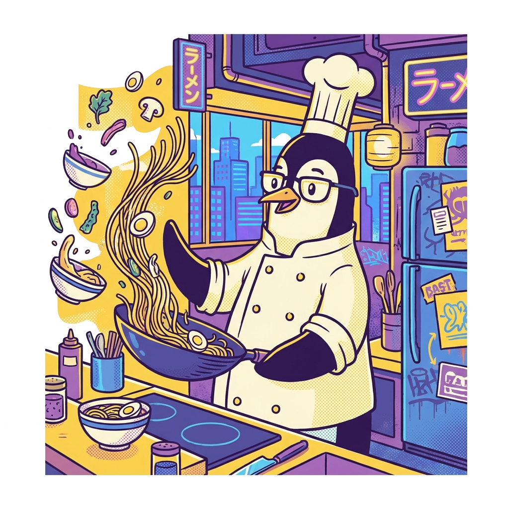 A tall, smart penguin chef cooking ramen in an urban kitchen. The style is character led urban pop. The color palette is yellow, purple and, blue.