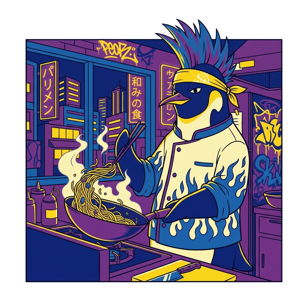 A tall, confident penguin chef with a cool hairstyle cooking ramen in an urban kitchen. The style is character led urban pop anime. The color palette is yellow, purple and, blue.