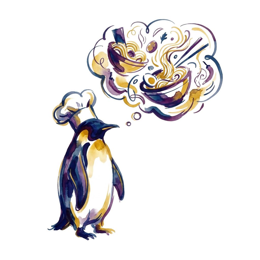A penguin chef imagining ramen in a thought bubble, lyrical abstraction style, with a yellow purple and blue color palette