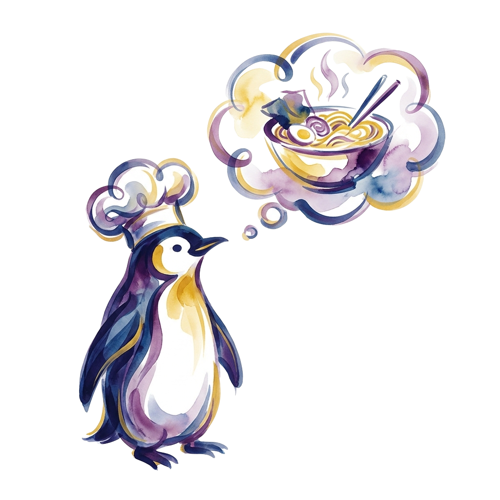 A penguin chef imagining ramen in a thought bubble, lyrical abstraction style, with a yellow purple and blue color palette