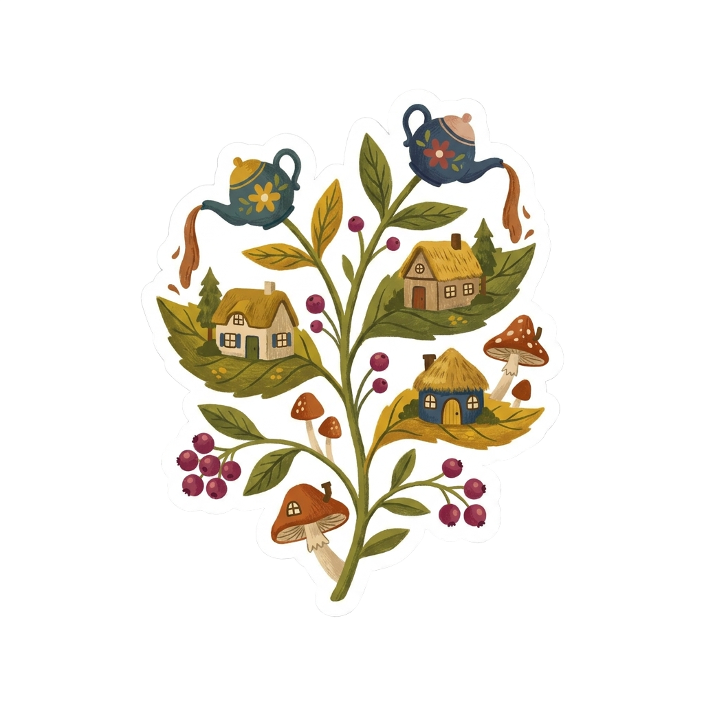 Custom sticker: Surreal cottagecore sticker featuring whimsical plants with tiny houses and teapots, in a playful, il...