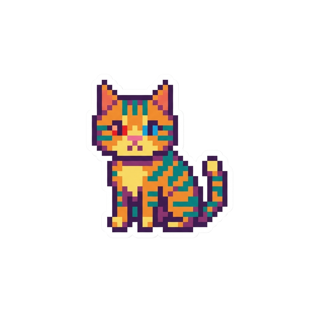 Custom sticker: Minimalist pixel art sticker of an 8-bit cat with a retro aesthetic, using a vibrant color palette an...