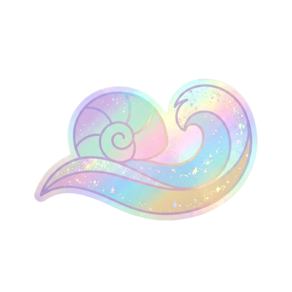 Custom sticker: Dreamy pastel gradient sticker featuring a minimalist seashell and wave design, embodying mermaidcore...