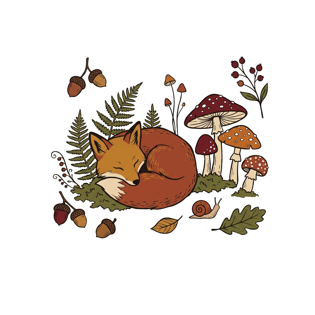 Custom sticker: Illustrate delicate woodland motifs, such as a curled fox or a toadstool cluster, in a minimalistic, ...