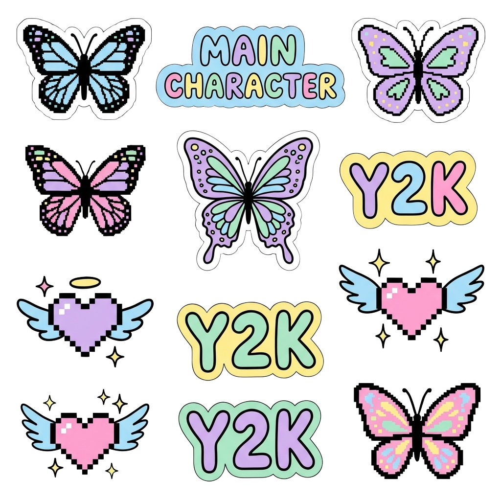 Custom sticker: Create vibrant Y2K-themed stickers featuring hand-drawn butterflies, ‘main character’ text, and pixel...