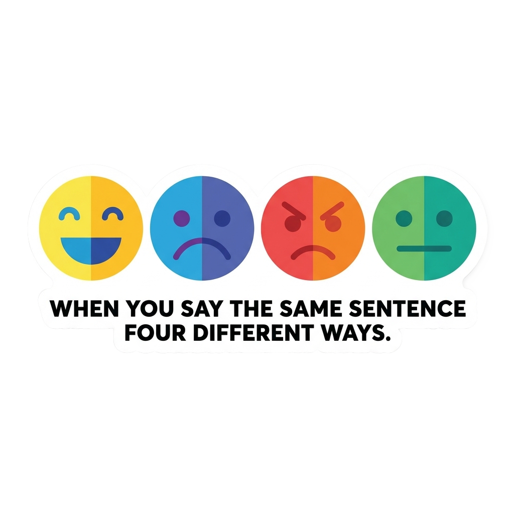 Custom sticker: Die-cut vinyl sticker of four minimalist faces indicating different emotions under the caption 'When ...