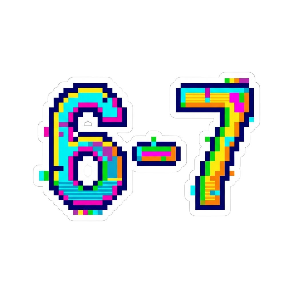 Custom sticker: Retro pixel art sticker of '6-7' with glitchy accents and bright colors, featuring a cheerful design ...