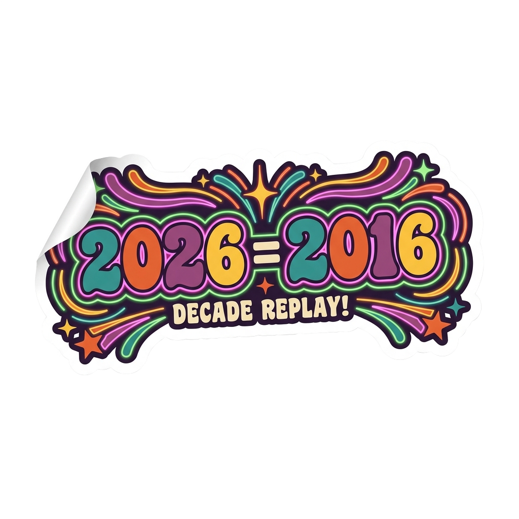 Custom sticker: Bright retro-style sticker banner reading '2026 = 2016', with funky drop shadows and neon outlines, e...