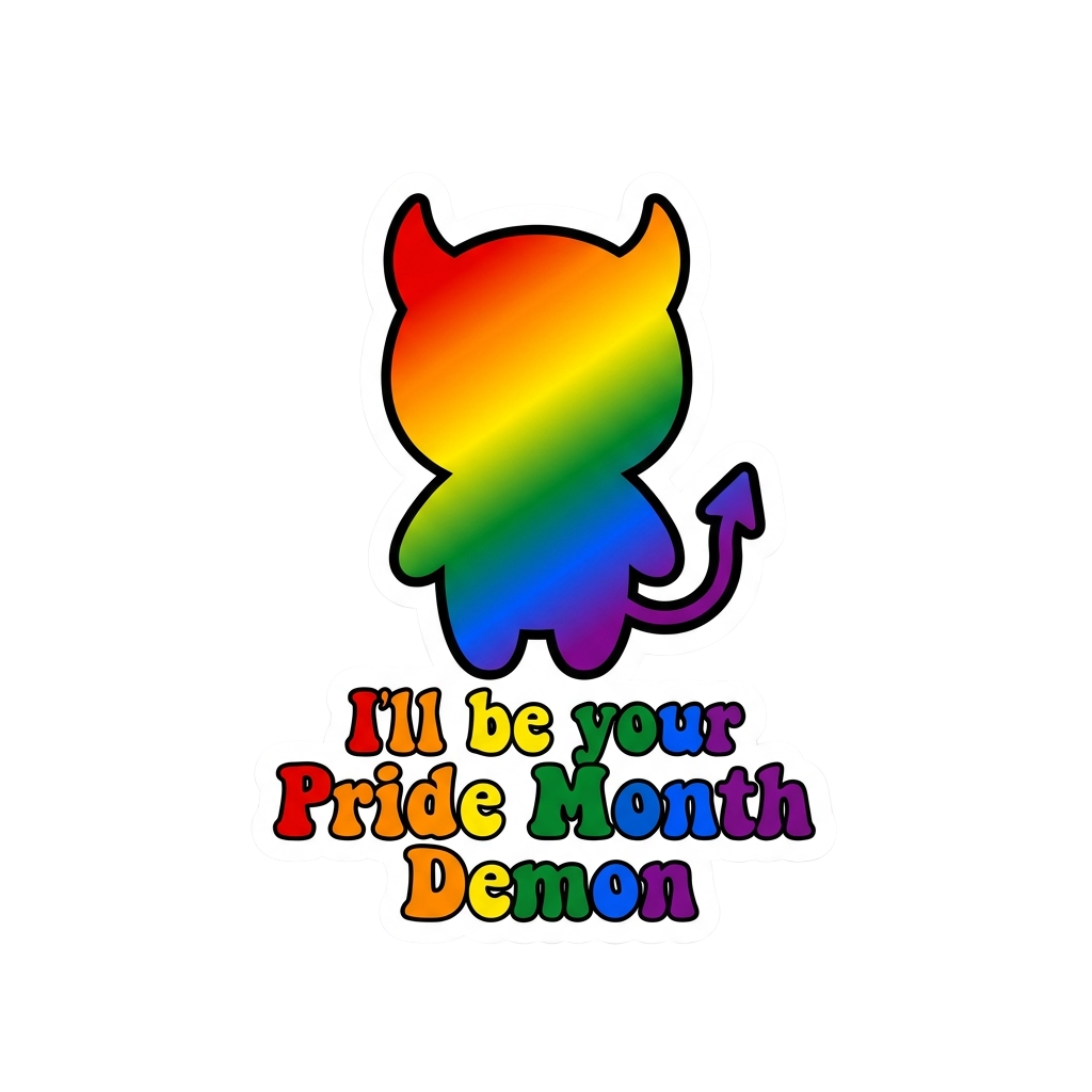 Custom sticker: Kawaii vector sticker of a devil silhouette in rainbow colors, with playful text reading 'I’ll be you...