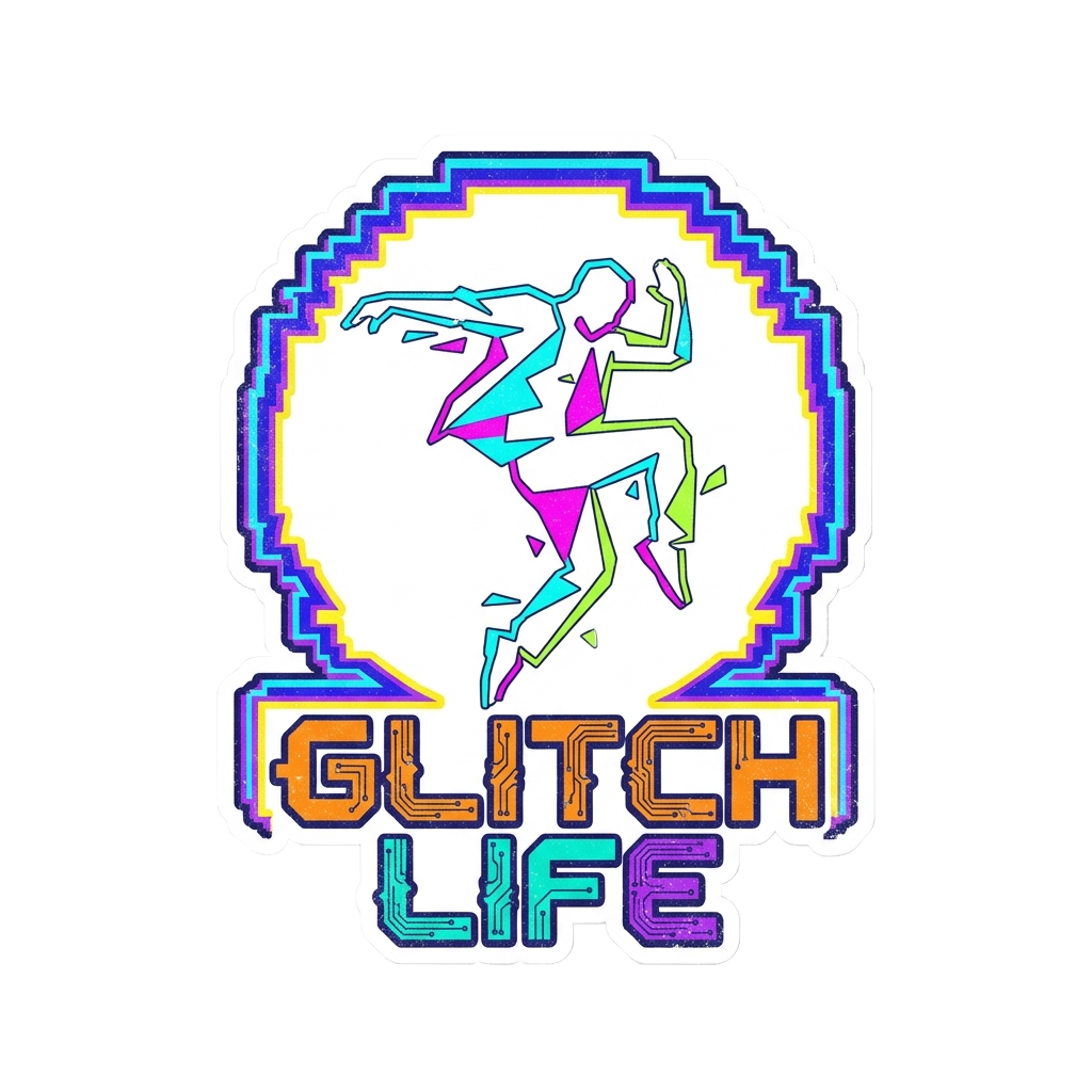 Custom sticker: Digital-style sticker illustrating a clean-line silhouette mid-dance with jagged frame outlines, capt...
