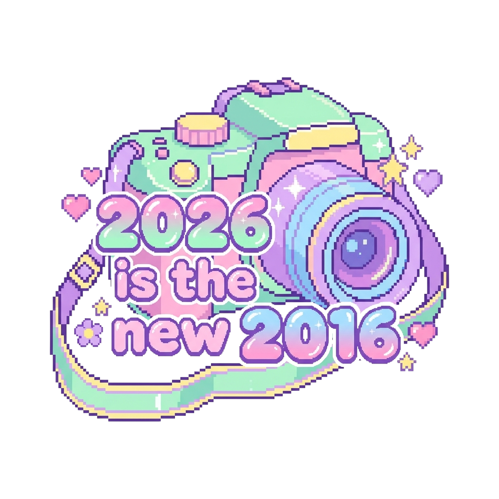 Custom sticker: Create a pastel, low-res digital camera sticker with the phrase '2026 is the new 2016' in bubble Y2K ...