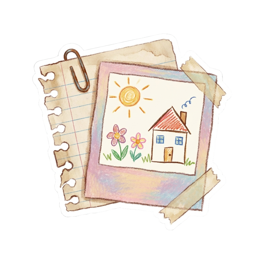 Custom sticker: Design a mini messy sticker featuring a torn notebook edge, a paperclip, and a fuzzy pastel polaroid ...