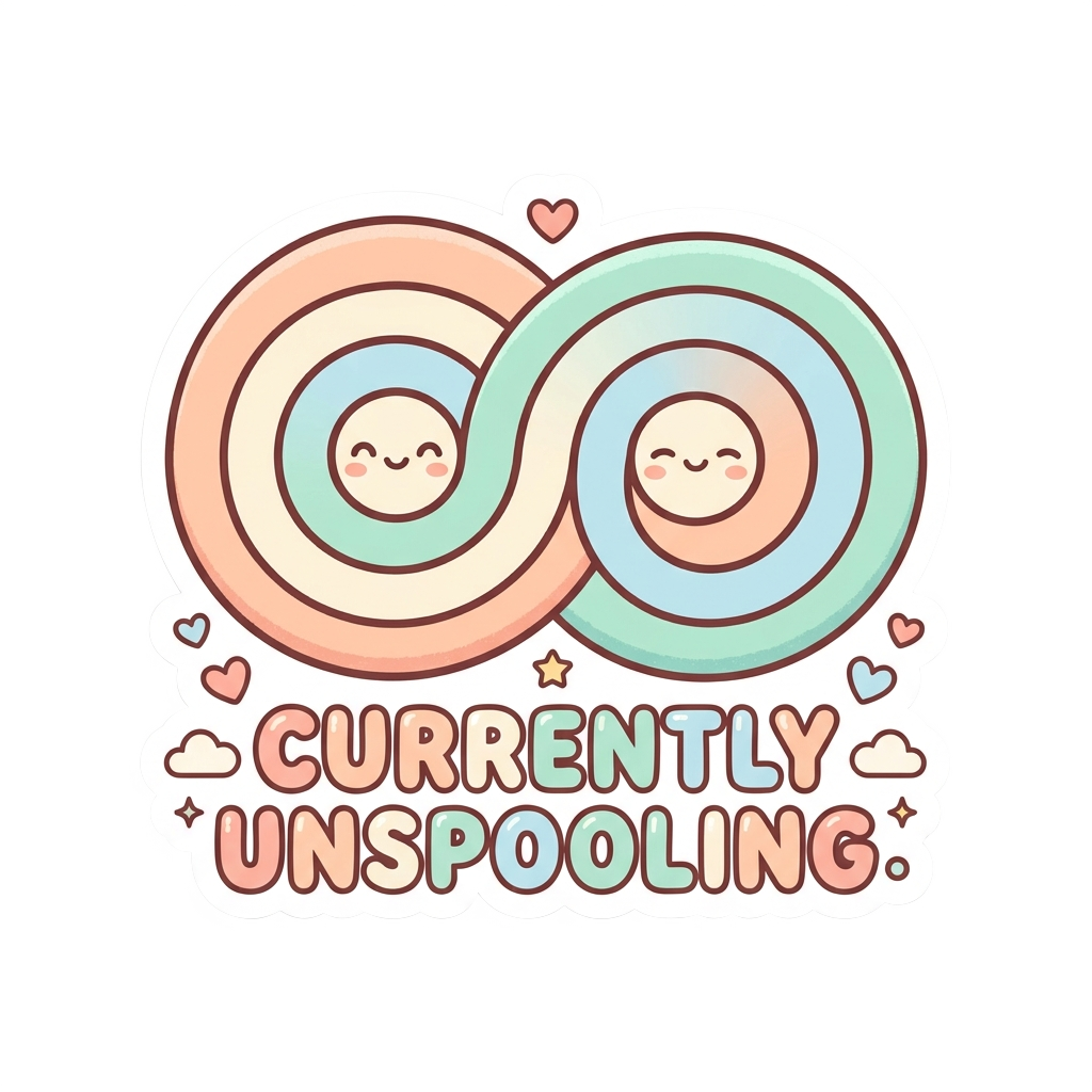 Custom sticker: Kawaii vector sticker of two concentric pastel spirals with the caption 'Currently unspooling.' Soft ...