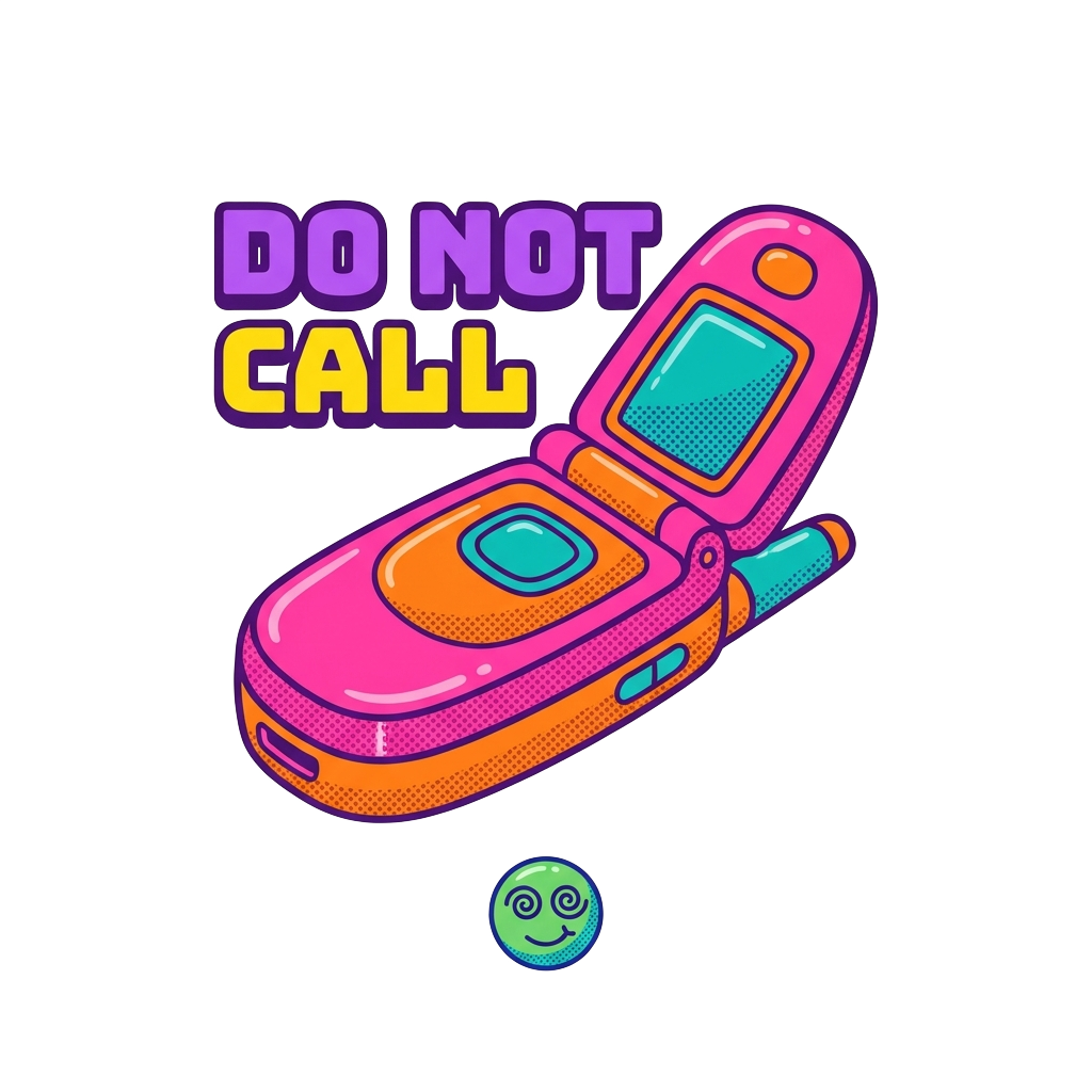Custom sticker: Minimalist vector sticker of a vintage phone with bold 'DO NOT CALL' text and a tiny smirking eye-rol...