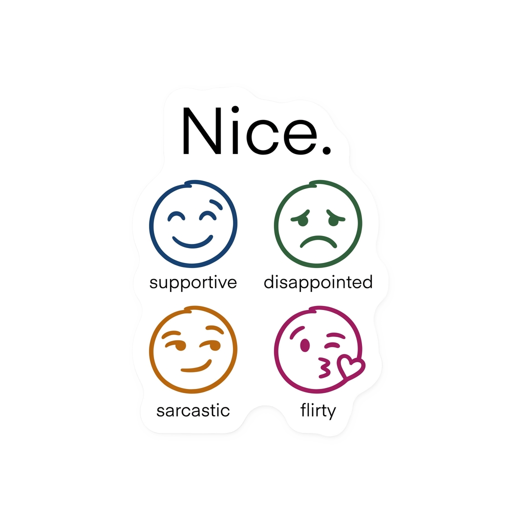 Custom sticker: Minimalist sticker featuring the word 'Nice.' with four simple line-drawn face icons expressing suppo...