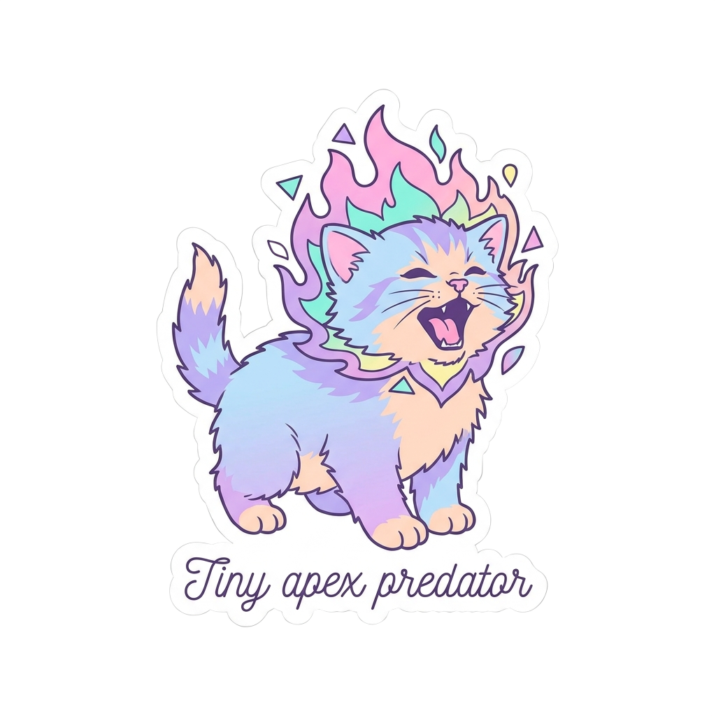 Custom sticker: Cute sticker of a baby cat roaring like a lion, in pastel vaporwave colors, captioned 'Tiny apex pred...
