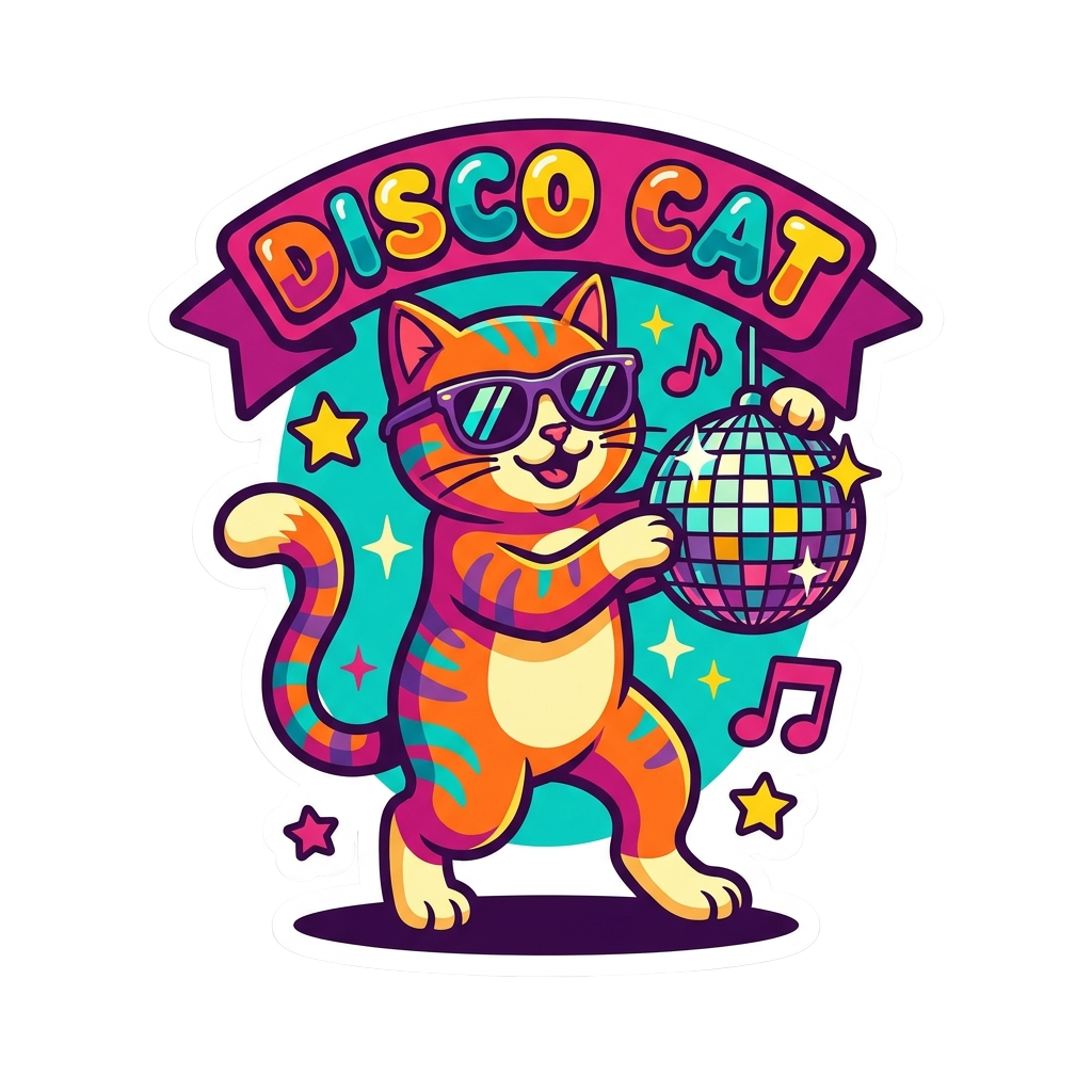 Custom sticker: A fun, vibrant sticker of a dancing cat in sunglasses, holding a disco ball, with bold colors and a r...