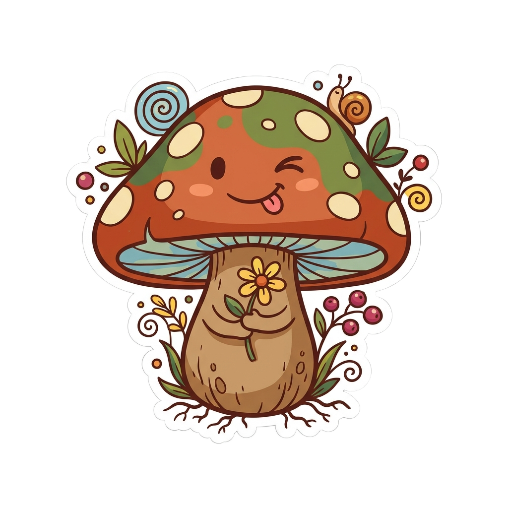 Custom sticker: A bright, cute mushroom sticker with a playful expression, incorporating earthy tones and whimsical d...