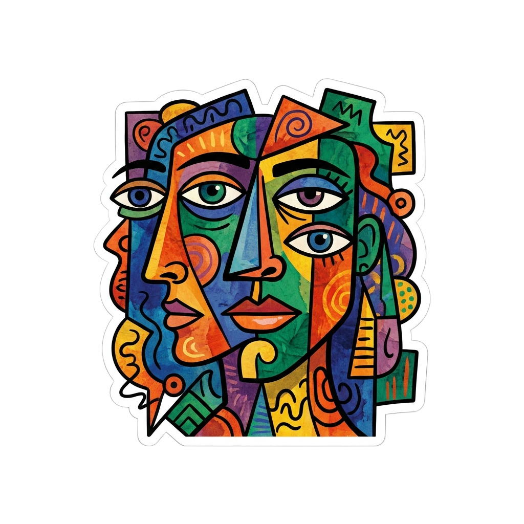 Custom sticker: A colorful abstract sticker inspired by Picasso, featuring a distorted face and chaotic elements, in ...