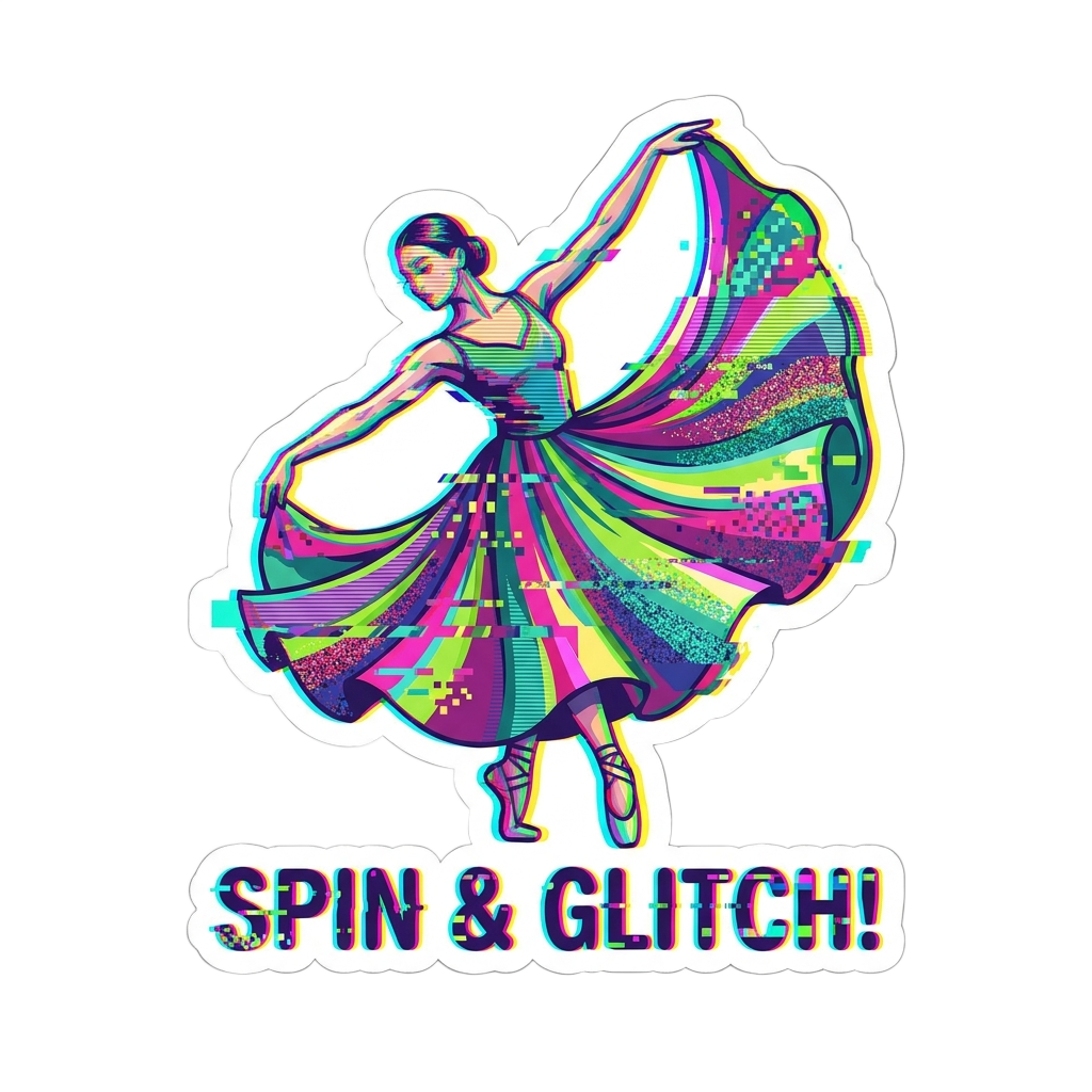 Custom sticker: Vector sticker illustrating a dancer in a twirl, interrupted by glitch effects, featuring a playful c...