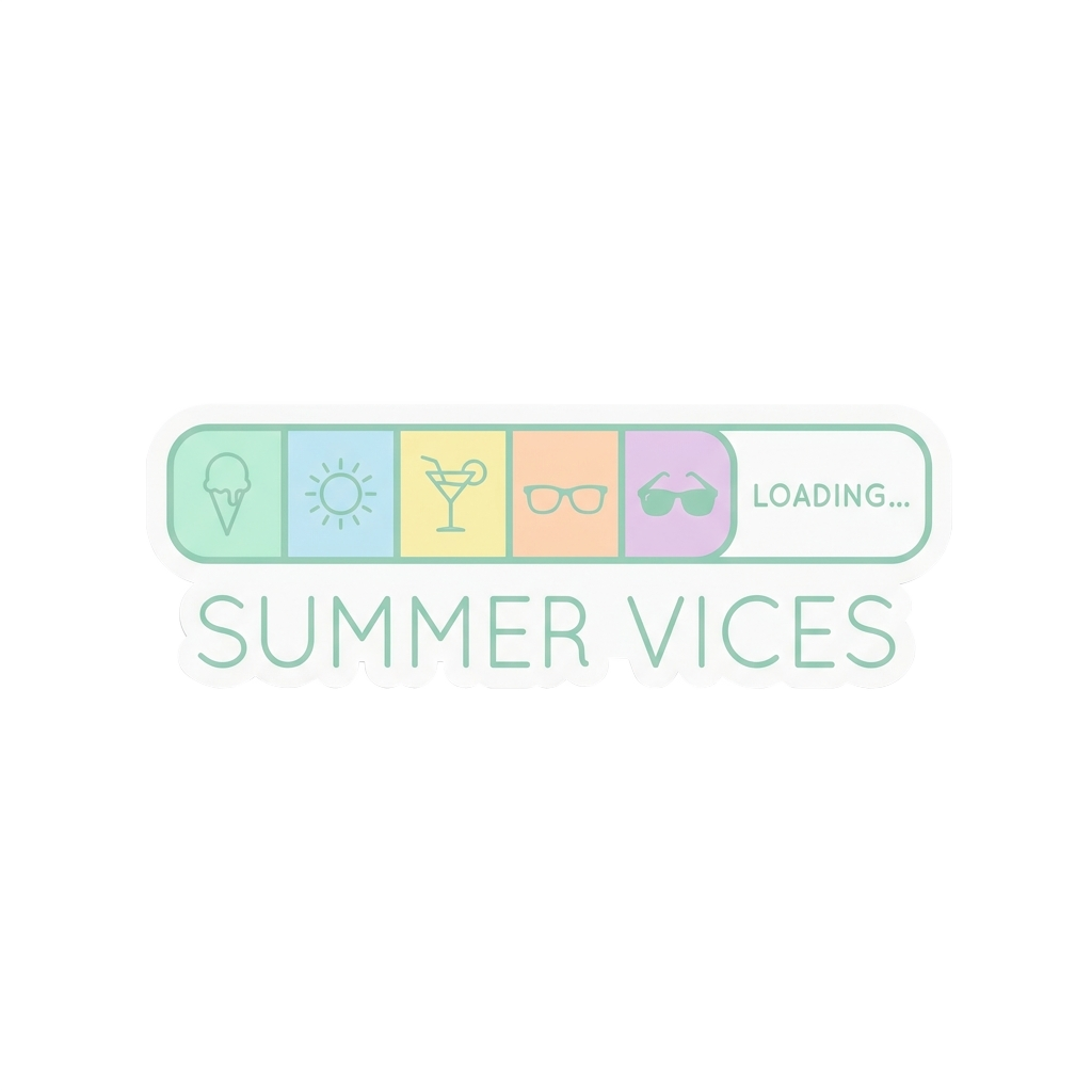 Custom sticker: Minimalist die-cut vinyl sticker featuring a retro loading bar with labeled summer vices and a captio...