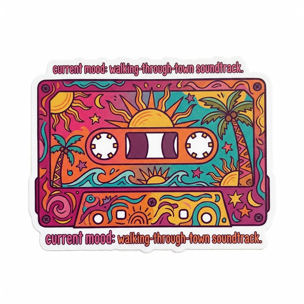 Custom sticker: Colorful vinyl sticker of a cassette tape with doodles of sun and palm trees, featuring the caption '...