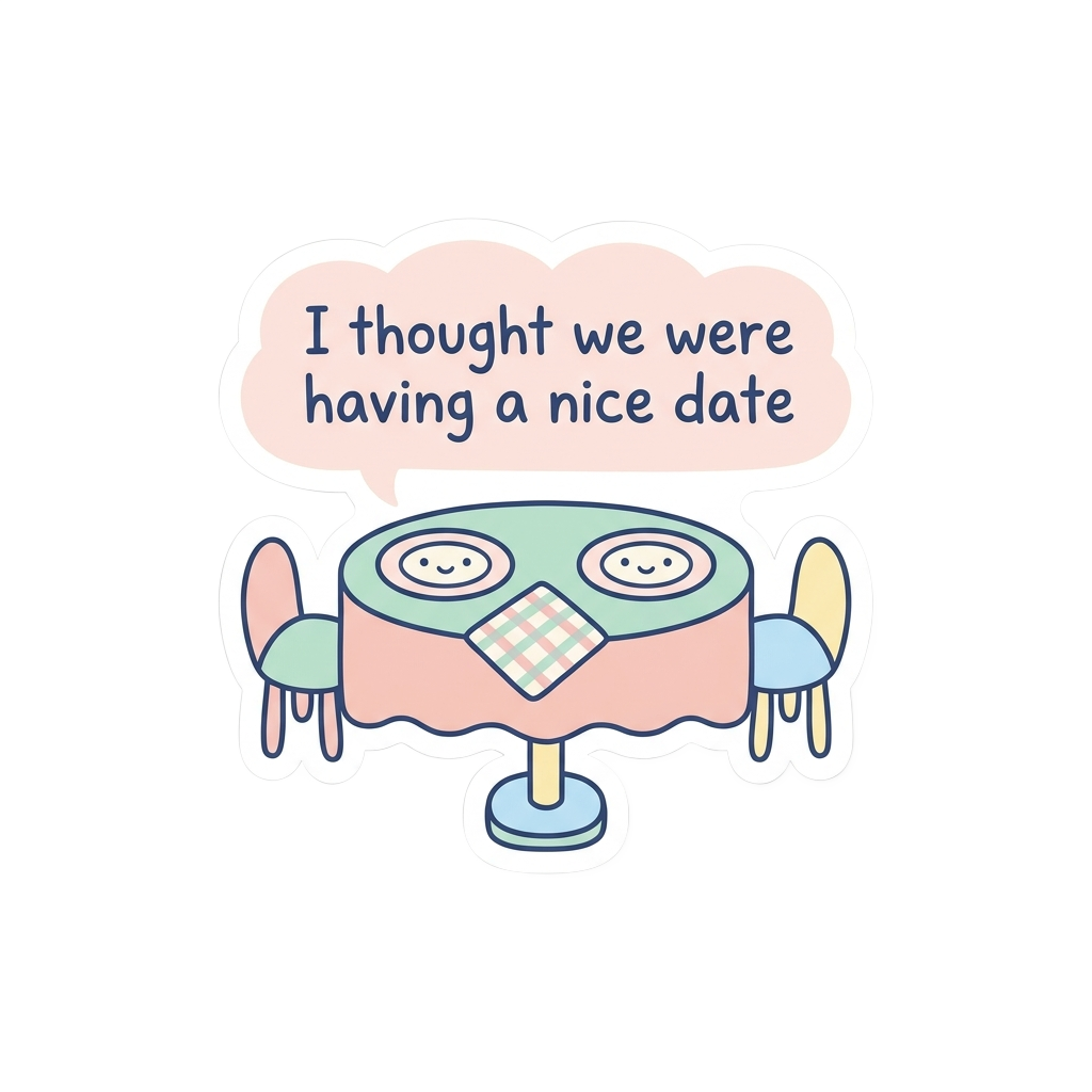 Custom sticker: kawaii vector sticker of a minimalist restaurant table with soft pastels, speech bubble saying 'I tho...