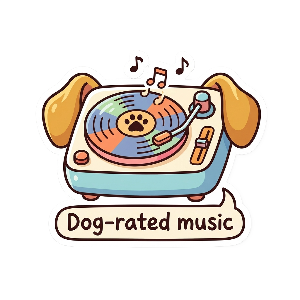 Custom sticker: kawaii vector sticker of a retro record player with dog ears, spinning vinyl and captioned 'Dog-rated...
