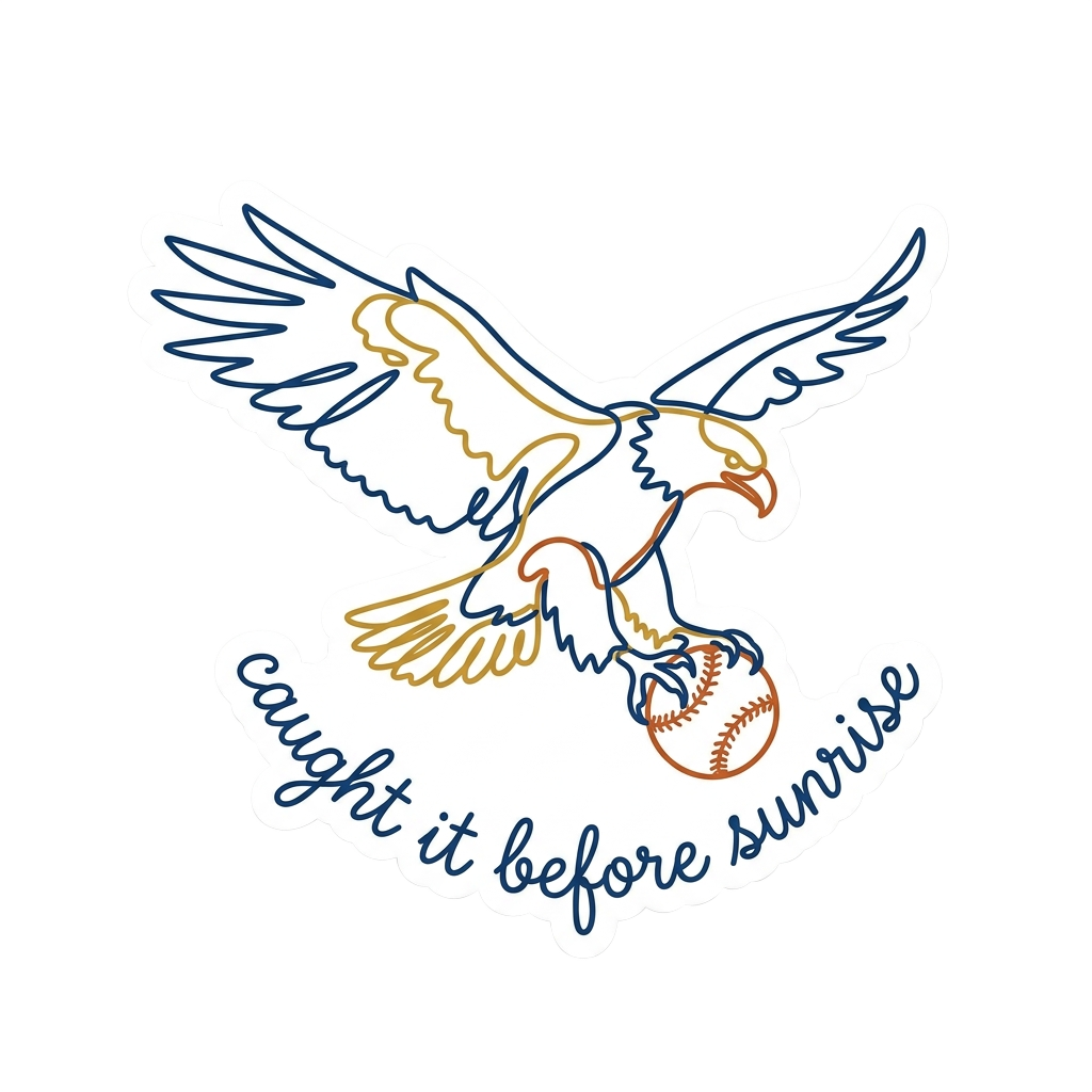 Custom sticker: die-cut vinyl sticker of a single-line drawing of an eagle catching a baseball, captioned 'caught it ...
