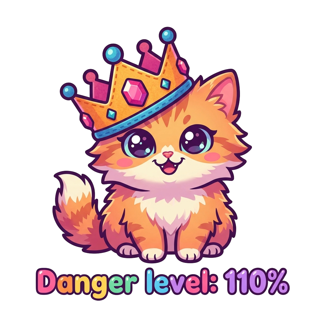 Custom sticker: Kawaii vector sticker of a tiny kitten with a toy crown and the caption 'Danger level: 110%', playful...