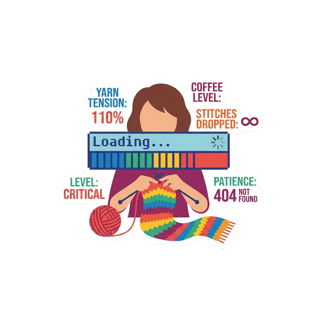 Custom sticker: Minimalist sticker showing a 'Loading...' screen over someone knitting, featuring humorous stat overl...