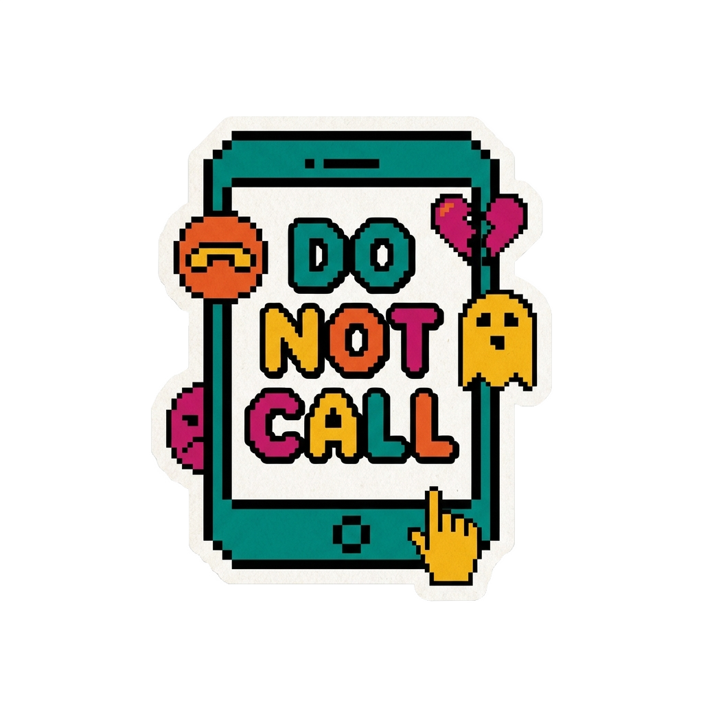 Custom sticker: Die-cut vinyl sticker of a retro phone screen with 'DO NOT CALL' text and playful graphics, bold outl...