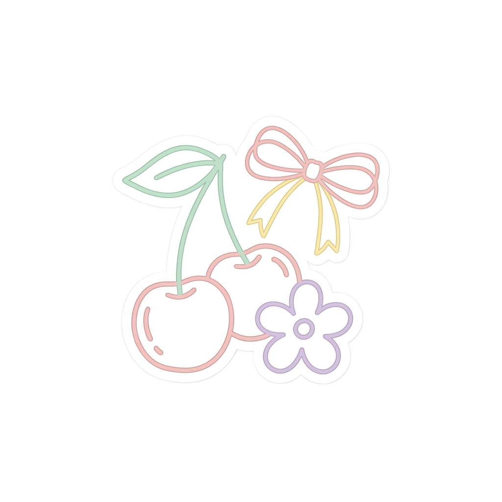 Custom sticker: line-art sticker with a cherry, ribbon, and flower silhouette in soft pastel colors, minimalistic and...