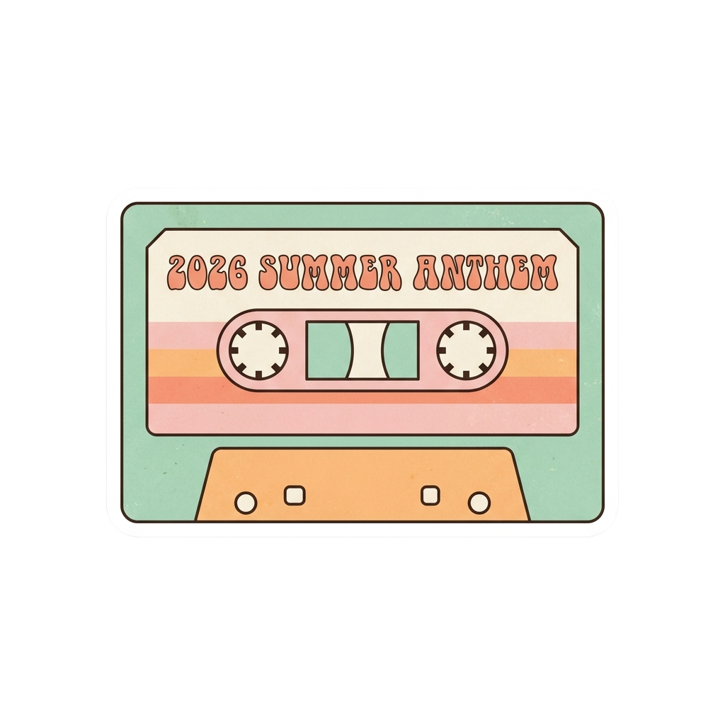 Custom sticker: pastel-toned die-cut sticker of a retro cassette tape labeled '2026 Summer Anthem', minimalistic styl...