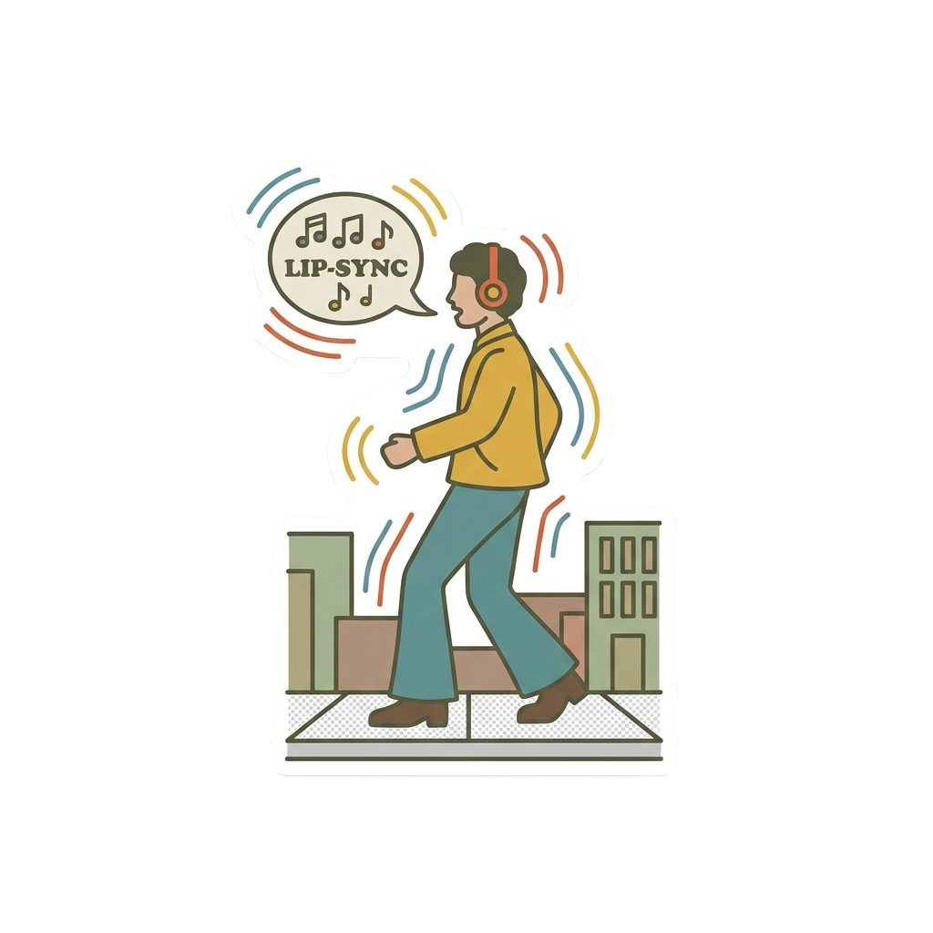 Custom sticker: minimalist die-cut vinyl sticker of a person lip-syncing on a sidewalk, retro style with motion lines...