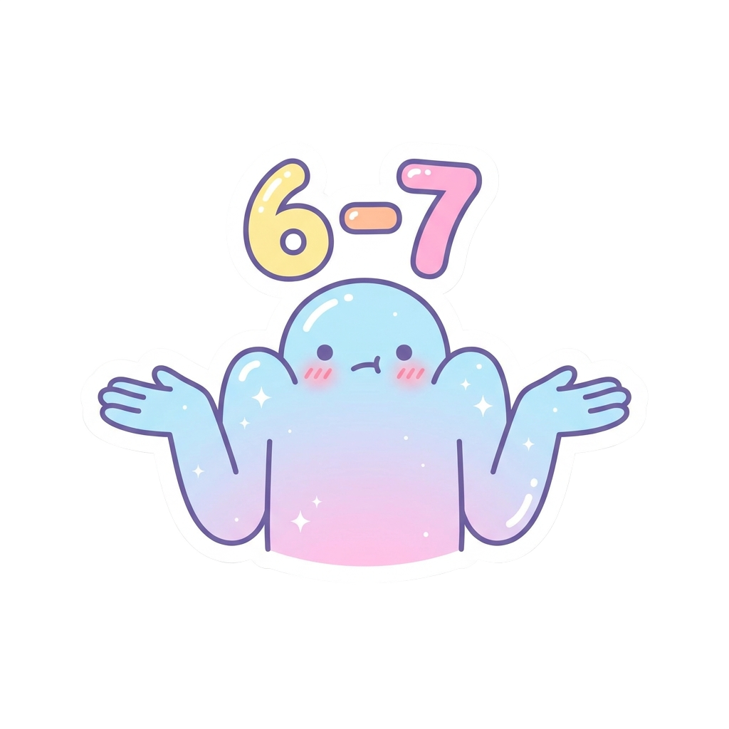 Custom sticker: A kawaii vector sticker featuring a minimalist hand shrugging with the caption '6-7' in playful font.