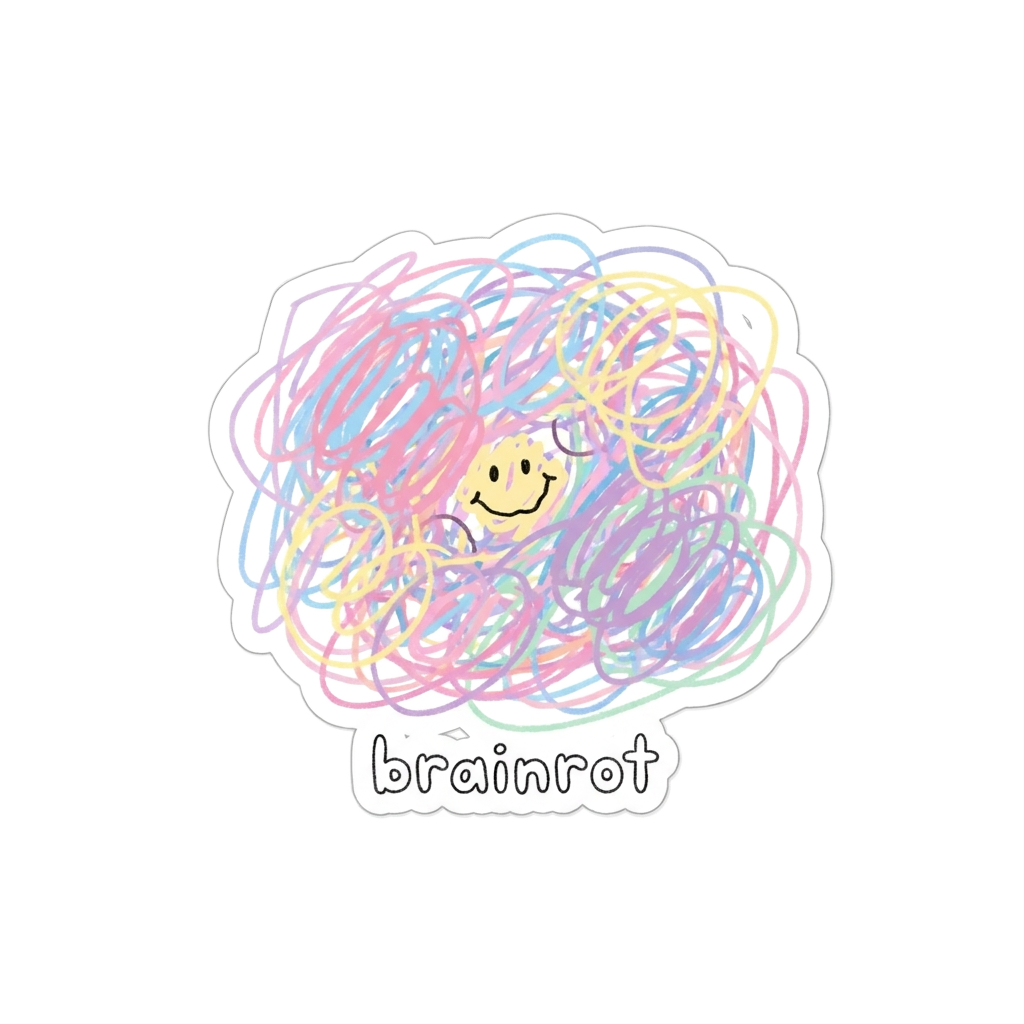 Custom sticker: A die-cut vinyl sticker with a chaotic pastel scribble and a small smiley, captioned 'brainrot' in mi...