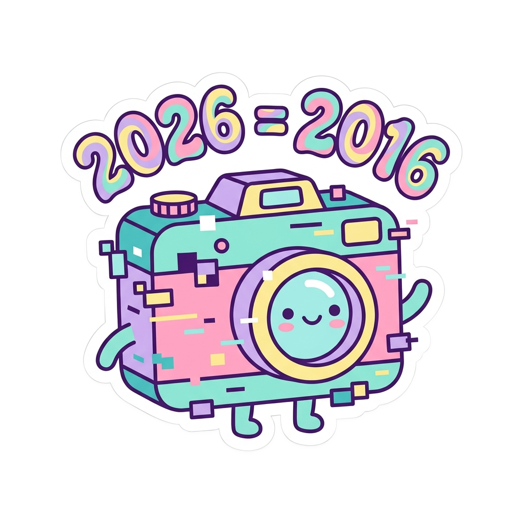 Custom sticker: Design a kawaii vector sticker depicting a retro camera with a pastel glitch overlay and the text '20...