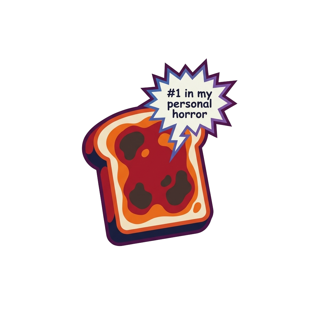 Custom sticker: Illustrate a minimalist sticker of a slightly burnt toast slice with a tiny scream bubble saying '#1 ...