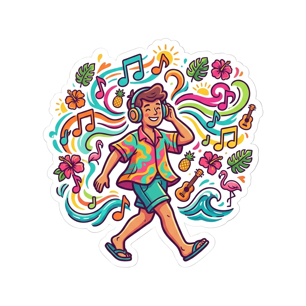 Custom sticker: Create a die-cut vinyl sticker of a person walking with earbuds, surrounded by tropical music notes a...